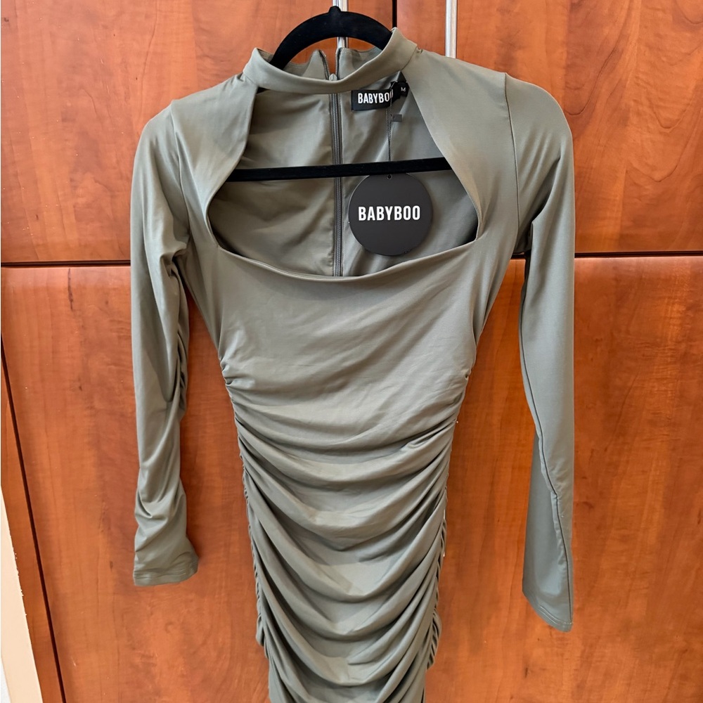 BABYBOO Olive Green Long Sleeve Ruched Mini Dress